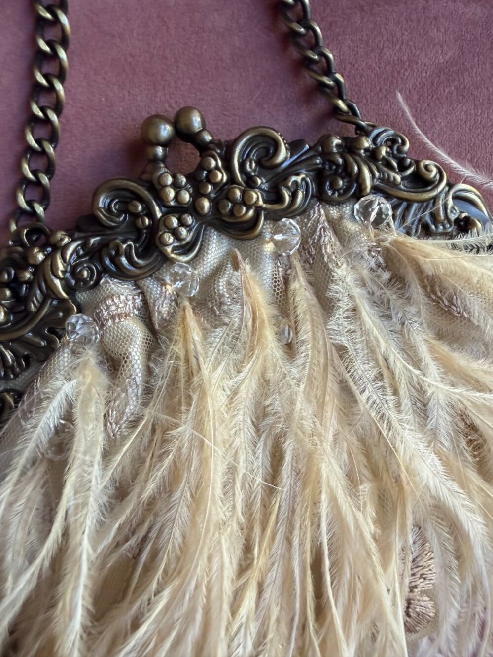 Evening bag w/ satin, feathers & crystal. Champagne tan color, vintage-inspired! - Picture 5 of 5